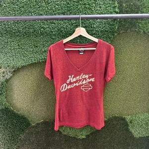 Harley Davidson Spellout V-Neck T-shirt  Size XL